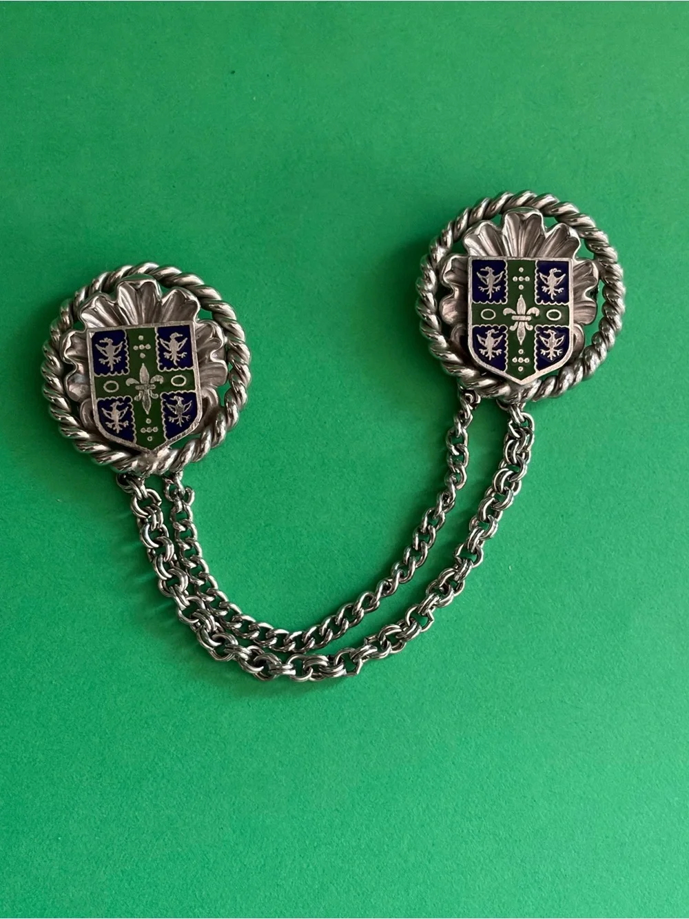 Vintage Heraldic Chatelaine double pin Brooch Silver-tone Green and Blue Enamel